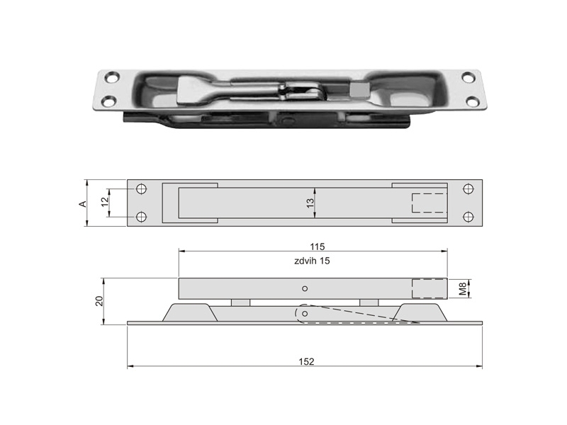 Zapuštěná zástrčka dveřního křídla, šířka 16, Zn